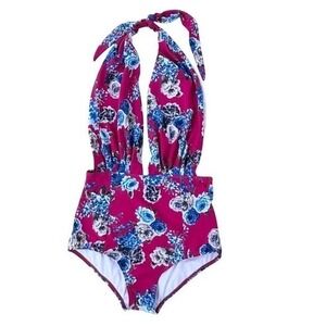Cocoship Floral Halter Monokini Swimsuit S Pink Blue